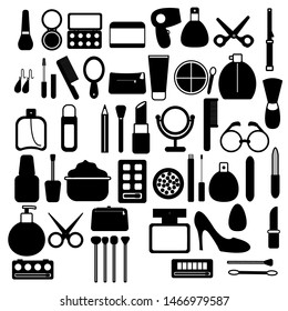 A large set of black and white icons of simple fashionable glamorous beautiful women’s beauty things, items, cosmetics, powder, combs, lipstick, brushes, perfumes, mirrors. Vector illustration