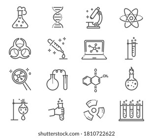 Large set of black and white laboratory icons showing tests, glassware, radioactivity and molecular diagrams, vector illustration