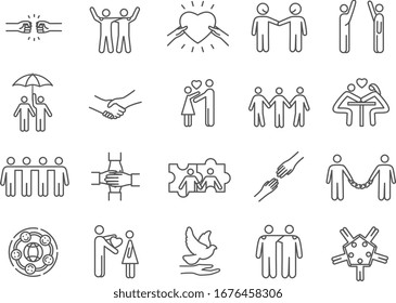 Large set of black and white line drawing friendship icons holding hands, with hearts for love, dove of peace, sharing umbrella, teamwork, high fives and fist bumping, vector illustration