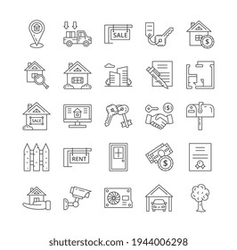 Large set of black and white line drawn Property icons for the sale, rental, purchase, location, handshake, equity, maintenance, surveillance and insurance, vector illustration