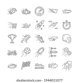 Large set of black and white line drawn vector Speed icons showing assorted transport, bullet, cheetah, different sports, wing, arrows and shopping trolley