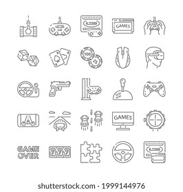 Large set of black and white line drawn online video game icons with consoles, 3d goggles, gambling and gaming for use as design elements, collection of outline vector illustrations isolated on white