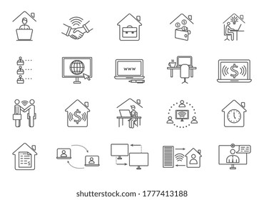 Gran conjunto de iconos de trabajadores en línea en blanco y negro que muestran a los trabajadores usando dispositivos digitales y computadoras, empresas y finanzas, ilustraciones de vectores trazadas por líneas