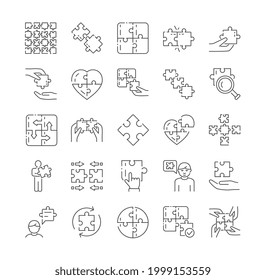 Large set of black and white puzzle icons with jigsaw pieces conceptual of problem solving, teamwork, strategy and planning for use as design elements, collection of outline vector illustrations