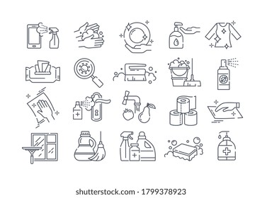 Large Set Of Black And White Sanitising Or Disinfecting Icons With Sprays, Soap, Sanitizers, Iron, Laundry, Taps With Water, Hand Washing And Cleaning Products, Line Drawn Vector Illustration