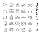 Large set of black and white vector line drawn public transport icons with aircraft, buses, trucks, bicycles, scooter, tram, train, hot air balloons. Collection of outlined vector illustrations