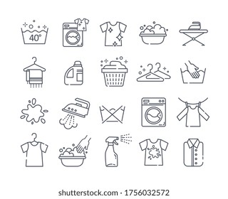 Large set of black and white vector laundry icons showing clean and dirty clothes, hand and machine washing , hangers, soaps and ironing