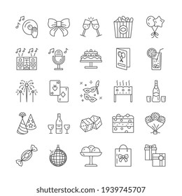 Large set of black and white vector line drawn party icons showing music, food, drinks, gifts, celebrations, fireworks and decorations. Collection of isolated outlined vector illustrations