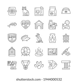 Large set of black and white vector line drawn pet and veterinary care icons for assorted animals such as cat, dog, turtle, hamster and bird for use as design elelements. Line art vector illustrations