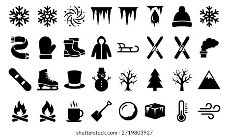 Grande conjunto de íconos de glifos negros de invierno que muestran varias actividades estacionales y símbolos de Clima como copos de nieve, ropa de abrigo y equipos deportivos para el diseño de climas fríos