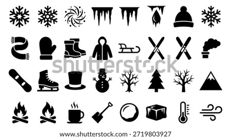 Large set of black winter glyph icons showing various seasonal activities and weather symbols like snowflakes, warm clothing, and sports equipment for cold climate design