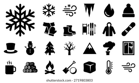 Grande conjunto de iconos de glifos negros con temática invernal que representan el Clima, la vestimenta, la naturaleza y las actividades navideñas en un estilo de Ilustración vectorial minimalista