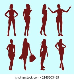 Large Set Of Black Woman Silhouettes. Woman With Bag, Standing, Walking, Jumping, Dancing, Making Selfie, Sitting Isolated Figure.