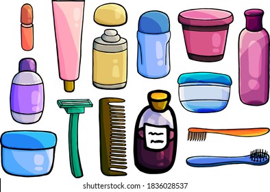 Large set of body care items on a white background, cartoon style, lotion, balm, brush, shampoo, tube, deodorant, comb, razor, shower gel, cosmetic line, body care, bathroom, shop, skin, body, beauty