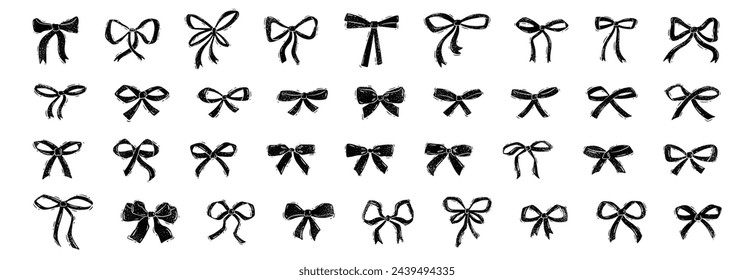 Large set of bow silhouettes in linocut style. Vector illustrations of black ribbons isolated on white background.