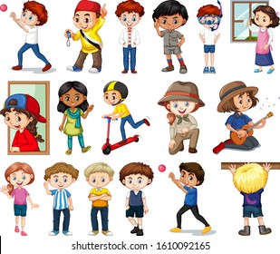 Large set of boys and girls doing different activity on white background illustration