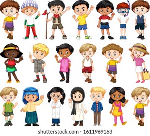 Large set of boys and girls doing different activity on white background illustration