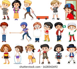 Large set of boys and girls doing different activity on white background illustration