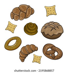 Un gran conjunto de bollos dulces trenzados salpicados con semillas de azúcar y amapola, bagels y galletas, ilustraciones vectoriales al estilo de las caricaturas sobre un fondo blanco