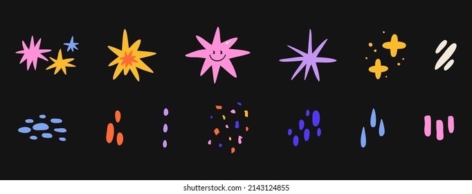 Gran conjunto de estrellas, formas y garabatos abstractos brillantes. Pegatinas positivas brillantes. Dibujar a mano Formas abstractas. Ilustraciones vectoriales. Estilo de caricatura. Todos los elementos están aislados.