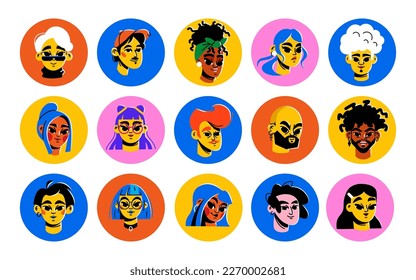 A large set of bright cartoon avatars. Diverse multicultural characters. Faces of men and women