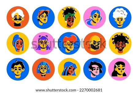A large set of bright cartoon avatars. Diverse multicultural characters. Faces of men and women