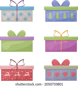A large set of bright colored gift boxes. Boxes for gifts for New Year, Christmas, birthday, as well as Valentine s Day and other holidays. Vector illustration on a white background