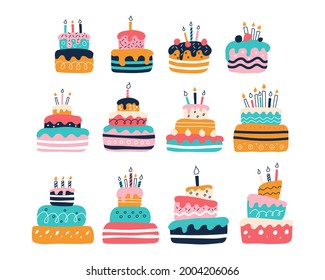 A large set of bright colorful cakes on a white background in the style of flat doodles. Vector illustration. Children's room decor, posters, postcards, clothing and interior items