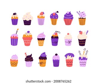 A large set of bright colorful cupcakes on a white background in the style of flat doodles. Vector illustration. Children's room decor, posters, postcards, clothing and interior items