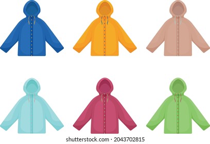 Un gran conjunto de chaquetas de colores vivos. Chaquetas otoño-invierno para caminar y practicar deportes en tiempo frío. Chaquetas aisladas. Ilustración del vector