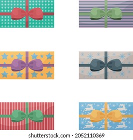 A large set of bright gift packages decorated with colorful bows. Packaging for gifts for New Year, Christmas, birthday, as well as Valentine s Day and other holidays. Vector illustration