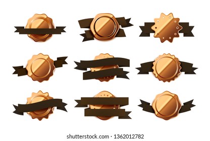 Large set of bright glossy beige retro labels, badges with brown tapes isolated on white