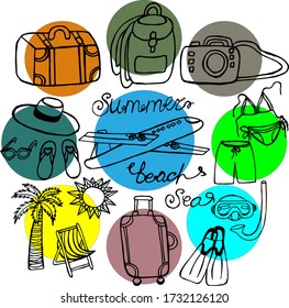 Large set of bright icons on the theme of travel.	