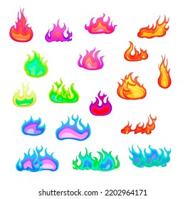 Large set of bright magickal fire flame, hot magic flaming elements on white