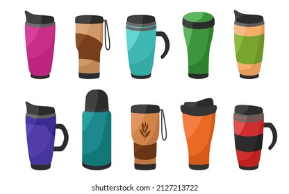 Large set of bright reusable thermos cups and thermos flasks for the concept of zero waste. For hot drinks, coffee, tea, cocoa. Vector illustration in cartoon style.