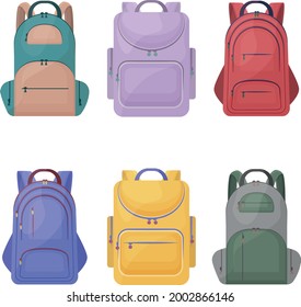 A large set of bright school backpacks of different colors. Briefcases for school and school supplies. Backpacks for hiking and traveling. A bag for things. Vector illustration on a white background