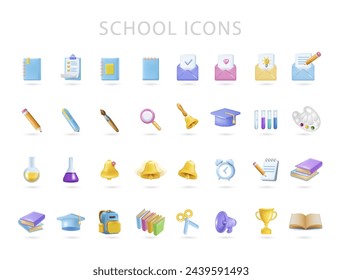 A large set of bright vector 3d-rendered icons of school and education. A school bag, an open book, a bell, a palette, a brush, a pencil, a pen, a graduation hat, glasses and others.