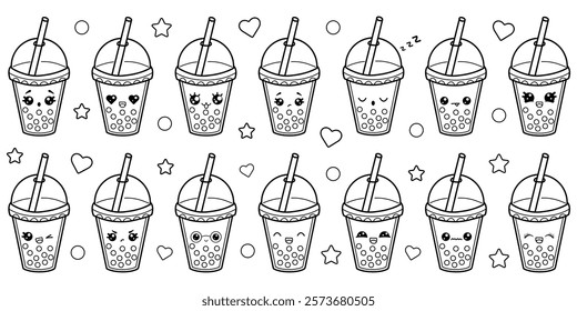 Large set of bubble tea coloring pages. Various emotions in Kawaii style. Character vector illustration isolated on white background.