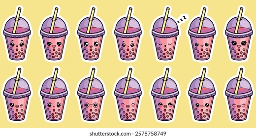 A large set of bubble tea stickers. Various emotions in Kawaii style. Vector illustration of cute characters	