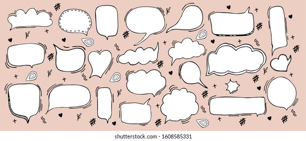 Large set of bubbles, speech frames, isolated vector with additional elements. For comics, different cloud shapes, oval, hearts for chat, dialogue, for social media. Insertion into banners, flyers.