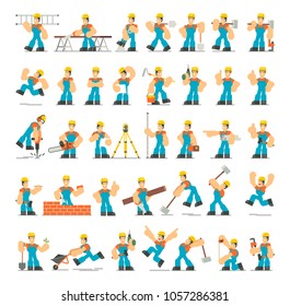 Large set of builder character poses, gestures and actions. Vector illustration flat design.