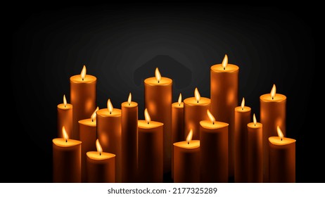 Gran conjunto de velas de cera en llamas en el centro con foco de luz sobre fondo negro con espacio de copia. Símbolo de dolor y memoria para los muertos. Ilustración vectorial horizontal.