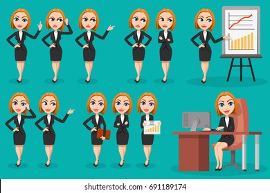 Large set of Business woman character design. Emotions, poses, gestures and actions. Office workers. Business Conference concept. Different emotions. Flat design. Vector illustration.