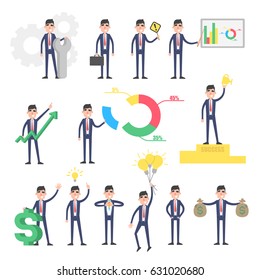 Large set businessman with infographics, idea bulb, money and more. Office worker character in differenet poses