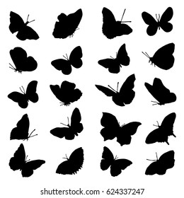 Un gran conjunto de siluetas de mariposas en negro. Ilustración de pintura hecha a mano