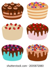 Large set of cakes with banana, strawberry, raspberry, blueberry, blackberry, tangerine, chocolate and cream frosting isolated on white. Vector illustration.