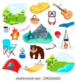 A large set camping. Forest, mountains, river,Cup,fire,marshmallow, burner,chair, tent, bear, inflatable boat, guitar, Mat, picnic basket, pot on a tripod, climbing equipment. Vector in cartoon style.