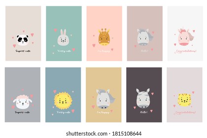 A large set of cards with cute animals and quotes. Funny drawings of animals - panda and giraffe, hare and sheep, horse and unicorn, lion, tiger and zebra. Vector illustration