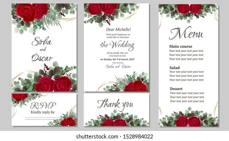 A large set of cards for your wedding. Invitation card, thanks, rsvp, menu. Red rose flowers, green branches, eucalyptus, plants, leaves. All elements are isolated.