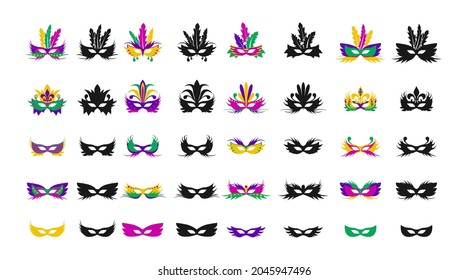 A large set of carnival masks. Masks in the style of Mardi Gras carnival. Colored masks and black silhouettes isolated on a white background for design and web.